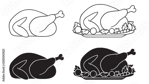Chicken drumstick icon set with outline and solid styles, showing bones, meat, and herb garnish featuring poultry, bone, silhouette with vector style