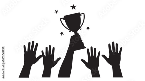 Trophy cup icon with cheering hands silhouettes and star sparkles on a clean white background featuring award, victory, celebration with silhouette