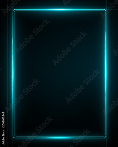A vibrant cyan neon rectangular frame is presented on a dark, deep teal background with subtle lines.
