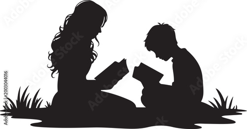 Mother reading bedtime story to her child in bed with moon and stars background silhouette illustrating nightly sleep routine.Family Learning and Education Illustration