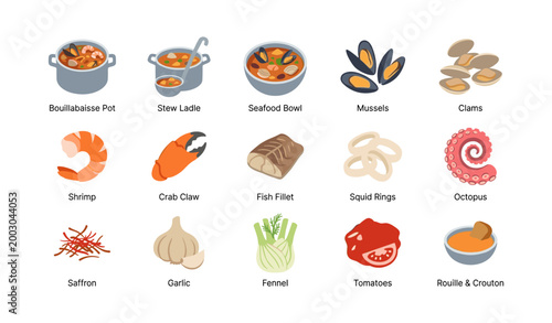 Seafood and bouillabaisse ingredients illustrated on white grid