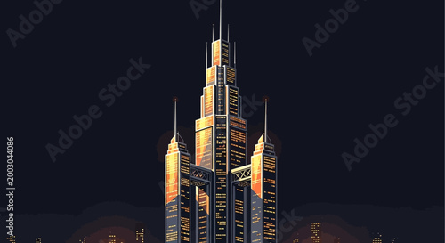 A futuristic skyscraper at night with bright lights.