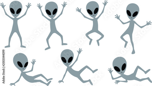 Alien Cartoon Character Vector Set Featuring Grey Extraterrestrial Creatures in Different Poses and Gestures for Sci Fi Illustration Animation and Graphic Design Projects.