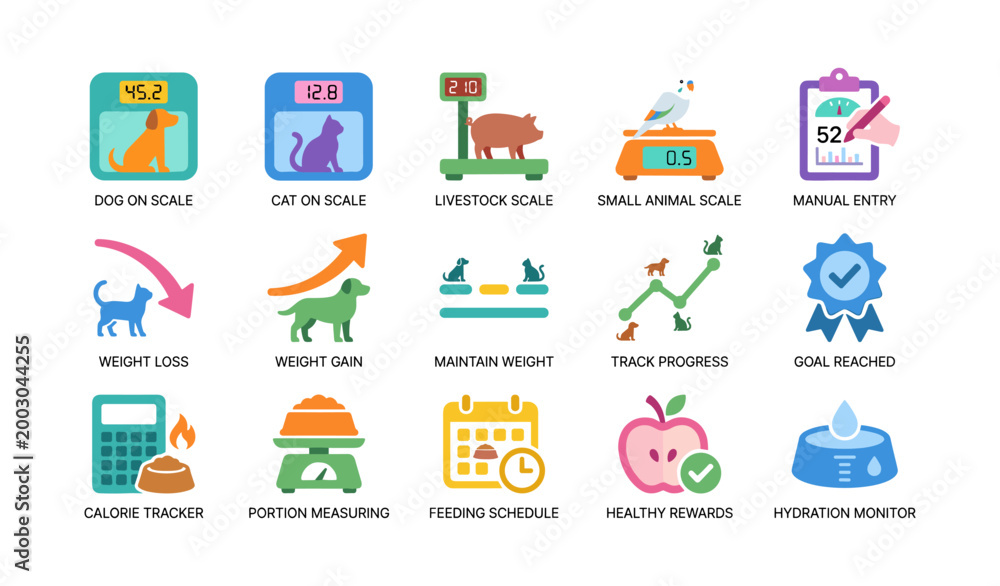 Fototapeta premium Pet weight and feeding icons showing tracking features in grid