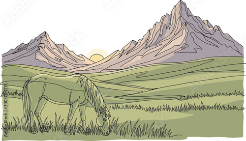 A serene single line drawing depicts a horse grazing peacefully in a lush green meadow at sunrise with majestic mountains in the background.