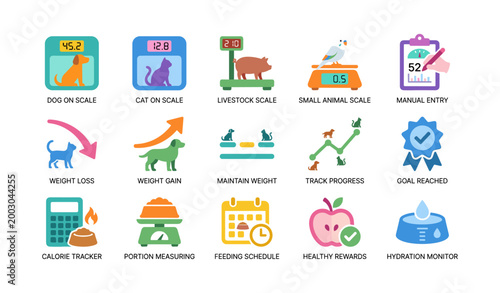 Pet weight and feeding icons showing tracking features in grid
