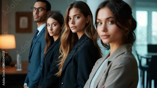 Successful serious business people standing in row in office fashion editorial shot, high-fashion imagery, avant-garde aesthetics, editorial storytelling, conveying fashion trends and.