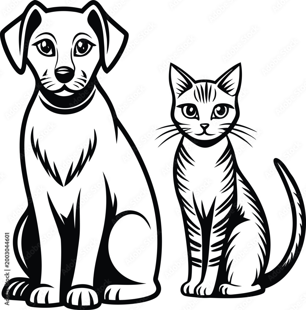 Obraz premium line art of dog and cat sitting side by side i