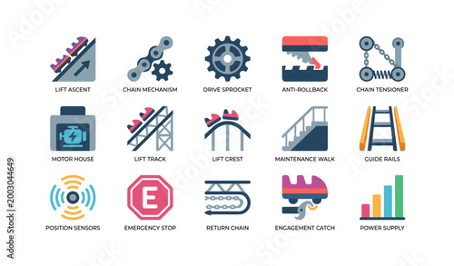 Roller coaster mechanism icons showing lift and safety parts on white