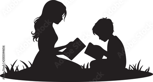 Mother reading bedtime story to her child in bed with moon and stars background silhouette illustrating nightly sleep routine.Family Learning and Education Illustration