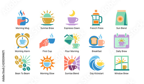 Morning coffee icons showing mugs brewing and sunrise motifs