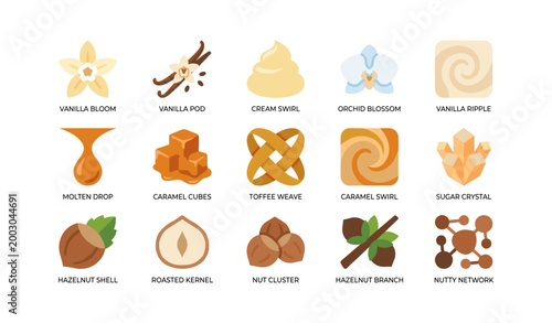 Vanilla and hazelnut icons showing flavors and confection elements