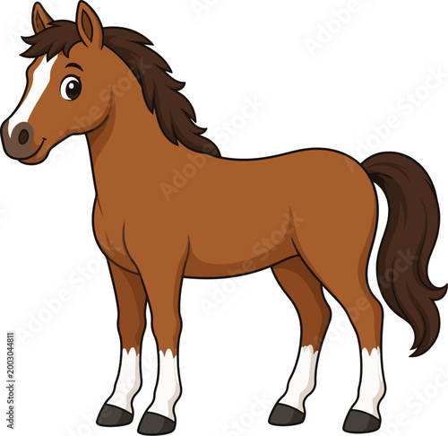 Cute Cartoon Chestnut Horse Vector Illustration Isolated on White
