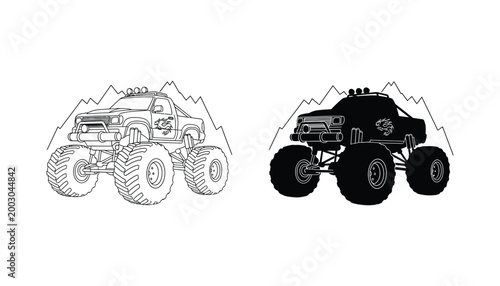 Offroad monster truck with mountain background icon set in outline and solid black for extreme sports