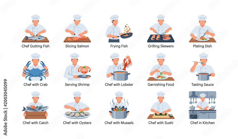 Naklejka premium Chefs preparing seafood dishes in illustrated grid layout