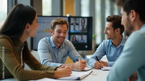 Group of young professionals collaborating around a table in a contemporary office, engaging in a discussion while remote colleagues participate via video call on a screen in the background.