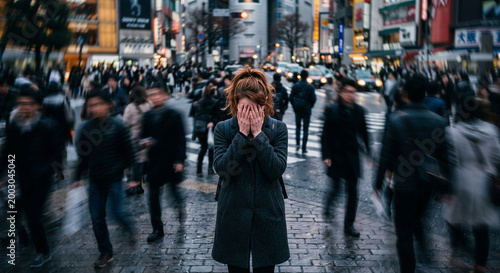 Woman feeling overwhelmed in crowded city street