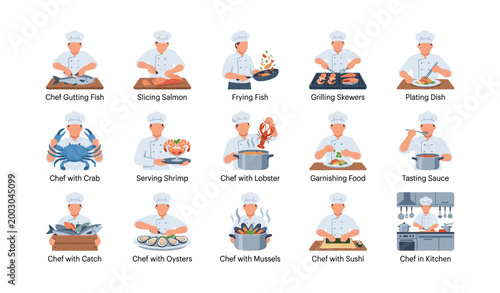 Chefs preparing seafood dishes in illustrated grid layout