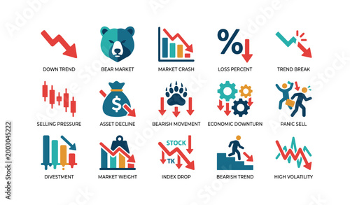 Finance icons illustrating bear market and downtrend losses