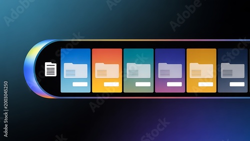 Digital file archive system with colorful folders representing organized data storage
