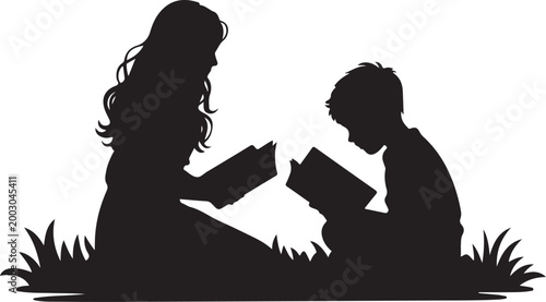 Mother reading bedtime story to her child in bed with moon and stars background silhouette illustrating nightly sleep routine.Family Learning and Education Illustration