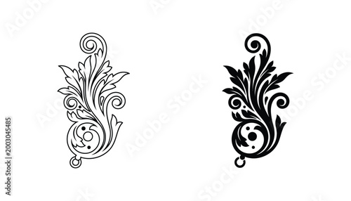 Elegant baroque floral scroll flourish motif in classic black and white vector style for luxury invitation design and decorative vintage ornament projects