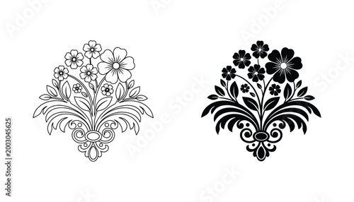 Elaborate floral bouquet arrangement with swirling vines in decorative black and white vector style for luxury branding and elegant print media design