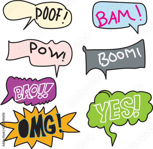 Comic speech bubbles, explosion effects, colorful chat boxes, pop art phrases