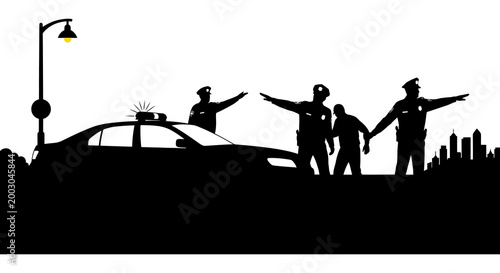 Police encounter silhouette dramatic scene with officers and a suspect by a car