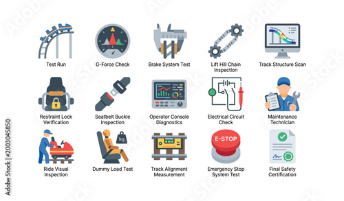 Ride safety inspection icons showing test procedures on white
