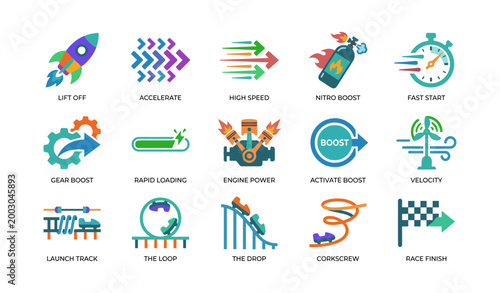 Icons depicting speed and boost concepts on white background