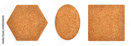 Cork bulletin board with wooden frame and realistic textures set, perfect for office memos, school notices, and pinboard shape vector illustration collection displays in brown natural tones.