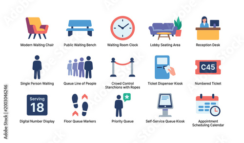 Waiting area and queue management icons arranged on white background