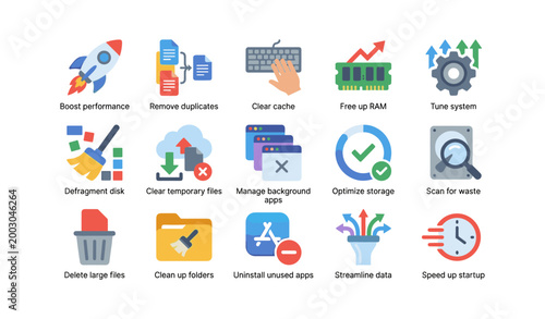 Computer maintenance icons showing cleanup actions and tools