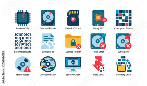 Data storage failure and corruption icons on white background