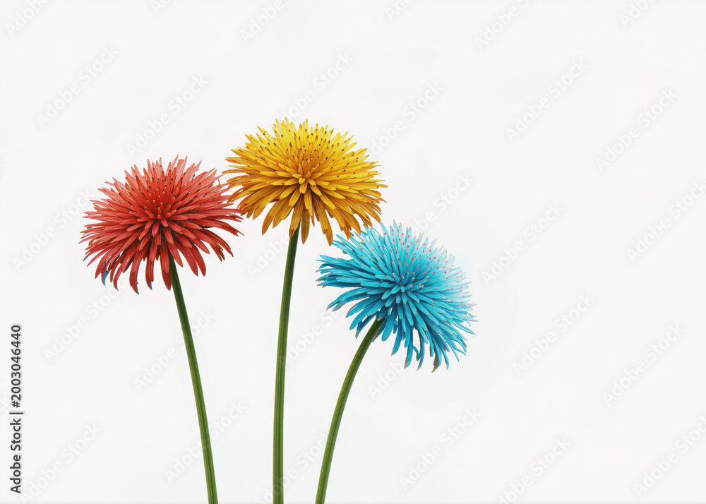 Obraz premium Vibrant Unity and Natural Elegance Featuring Three Colorful Wildflower Blooms Isolated on White Background