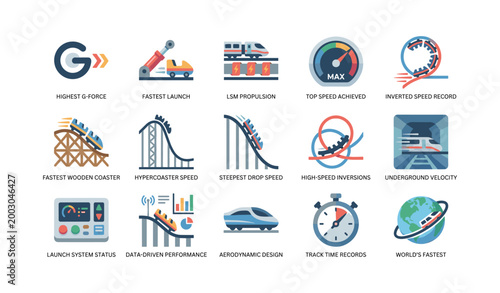 Roller coaster speed and performance icons on white background