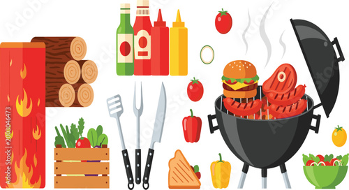 Barbecue Grill Party Vector Illustration Featuring BBQ Meat Burger Sausages Vegetables Sauces Firewood and Cooking Tools for Outdoor Food Design Projects.