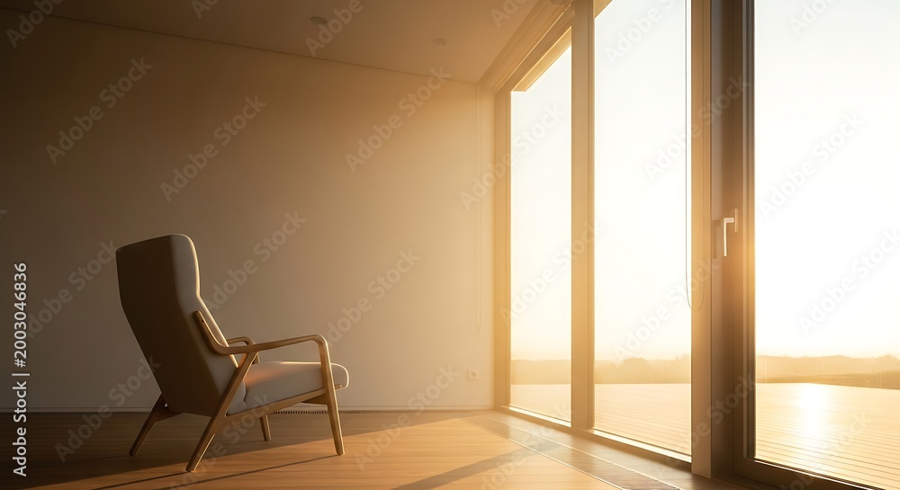 Fototapeta premium Minimalist armchair bathed in warm golden hour sunlight by a large window overlooking a serene water landscape, creating a peaceful and inviting atmosphere of modern comfort and tranquility.