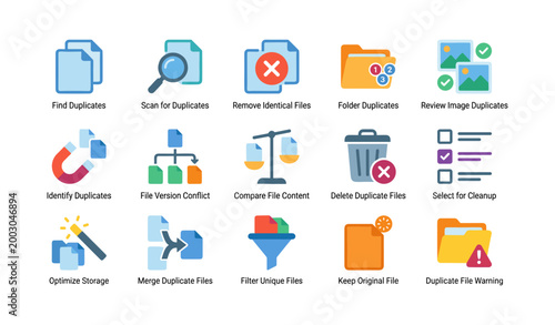 Duplicate file management icons showing scanning removal and cleanup tools
