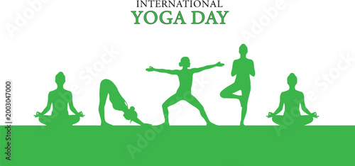 International yoga day vector illustration green silhouettes of people in various yoga poses for wellness