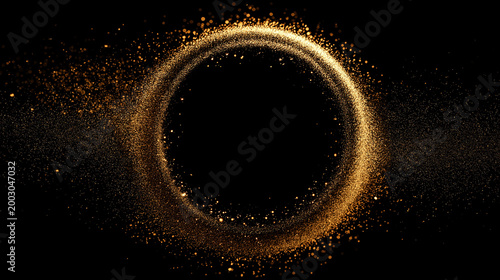 A luminous golden ring of radiant particles expands outwards on a deep black canvas.