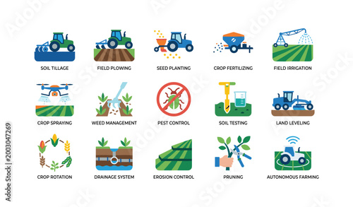 Farm machinery and crop management icons representing field operations