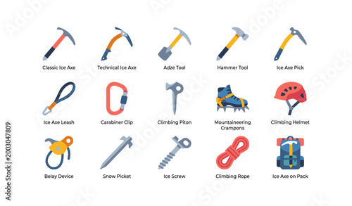 Collection of mountaineering and climbing equipment icons on white