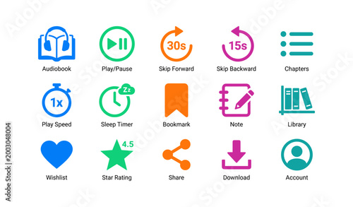 Audiobook app icons showing playback controls and library features