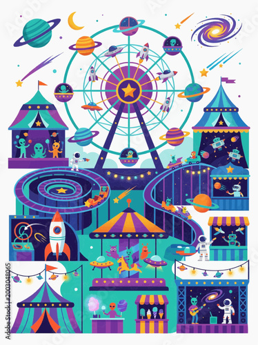 alien space carnival on planet surface, flat vector, blues and purples, intergalactic fun concept