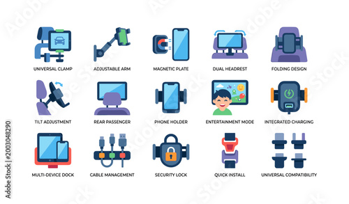 Car headrest phone mount icons showing features on white background
