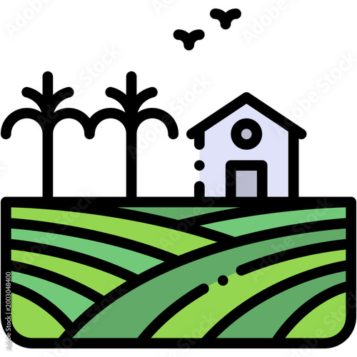 Countryside Field with Farmhouse Vector Icon