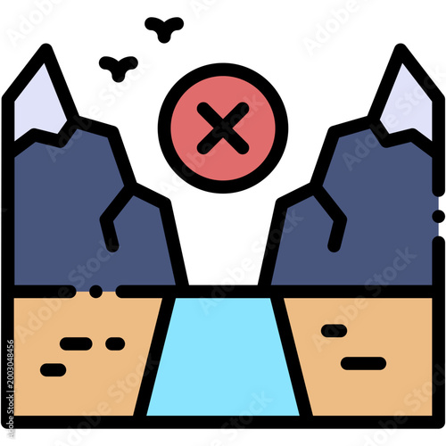 Closed Trail Warning Sign in Mountain Landscape Vector Icon