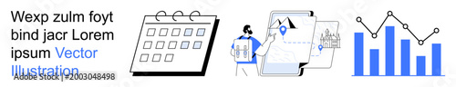 Project planning, strategy development, data analysis, workflow organization, location tracking, visual . Calendar, person with map and bar chart. Project planning and data analysis concept